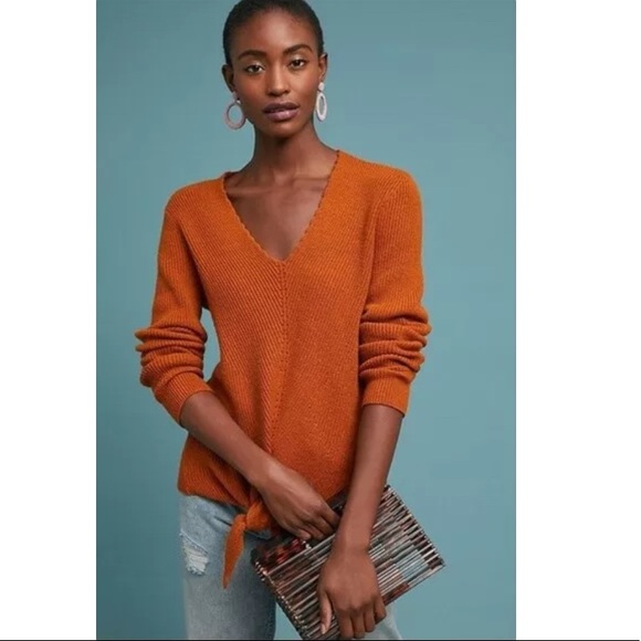 Anthropologie Sweaters - Anthropologie Rust Freeport Ribbed V-Neck Tie Front Sweater Small